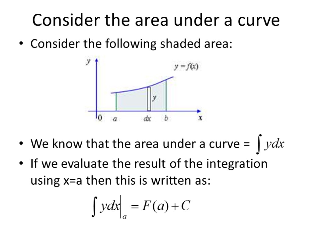 Consider the area under a curve Consider the following shaded area: We know that